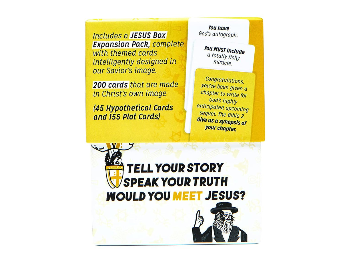 A yellow and white card game box for a &quot;Jesus Box Expansion Pack,&quot; showing game cards with prompts and illustrations