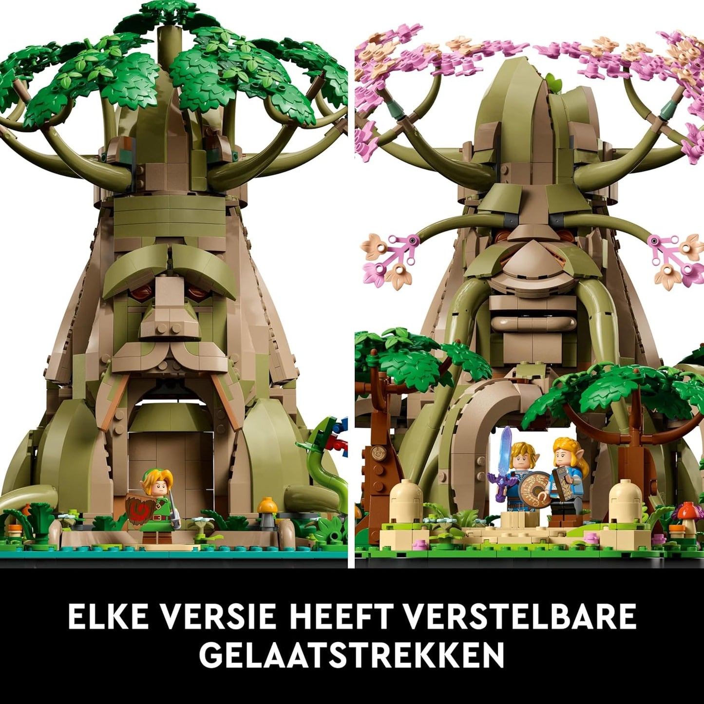 LEGO Legend of Zelda Great Deku Tree set showing two modes: vibrant green foliage and lighter pink cherry blossoms