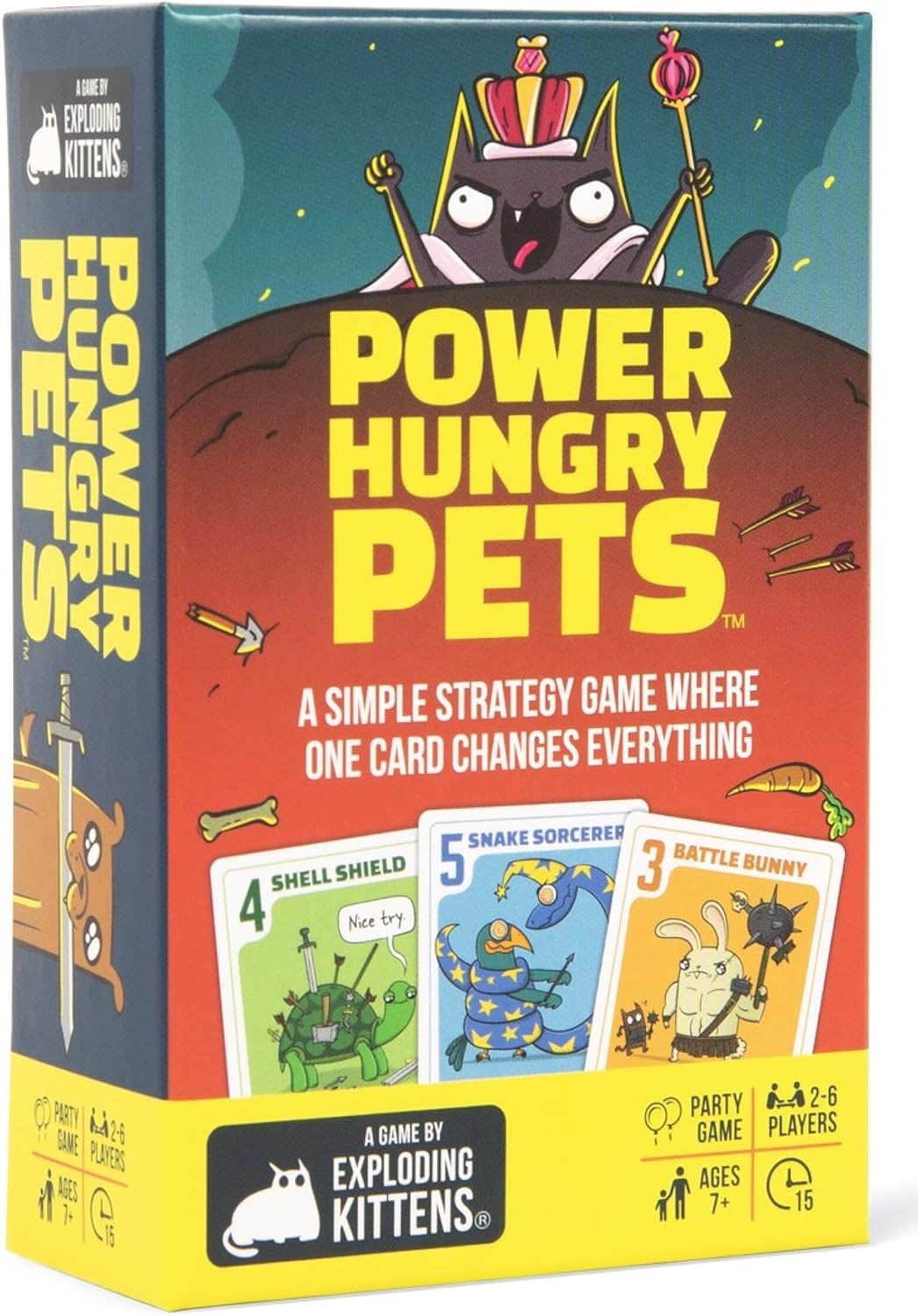 Box for the "Power Hungry Pets" card game by Exploding Kittens, featuring a crowned black cat and sample game cards