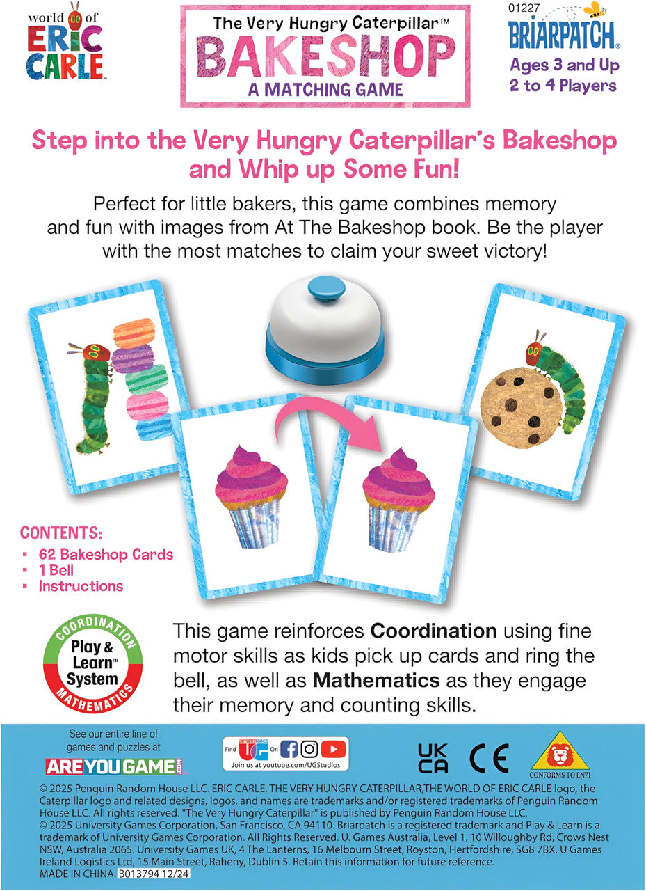 The Very Hungry Caterpillar Bakeshop Matching Game components, including a blue bell and sample cards of treats