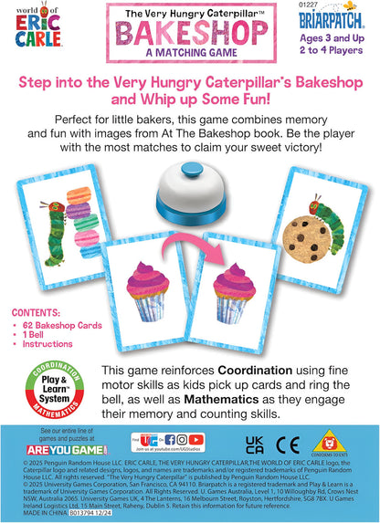 The Very Hungry Caterpillar Bakeshop Matching Game components, including a blue bell and sample cards of treats