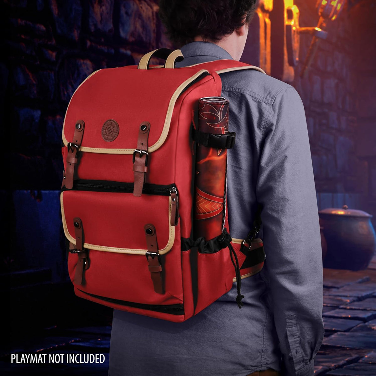 A person from behind wears a red backpack with tan trim and an attached rolled-up playmat, walking in a dark fantasy corridor.