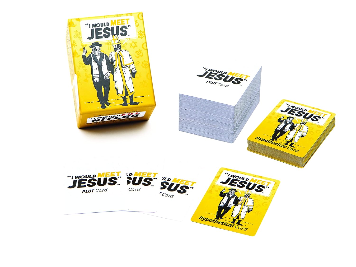 I Would Meet Jesus card game with a yellow box, stacked plot cards, and hypothetical cards showing a man in Jewish attire and a Pope