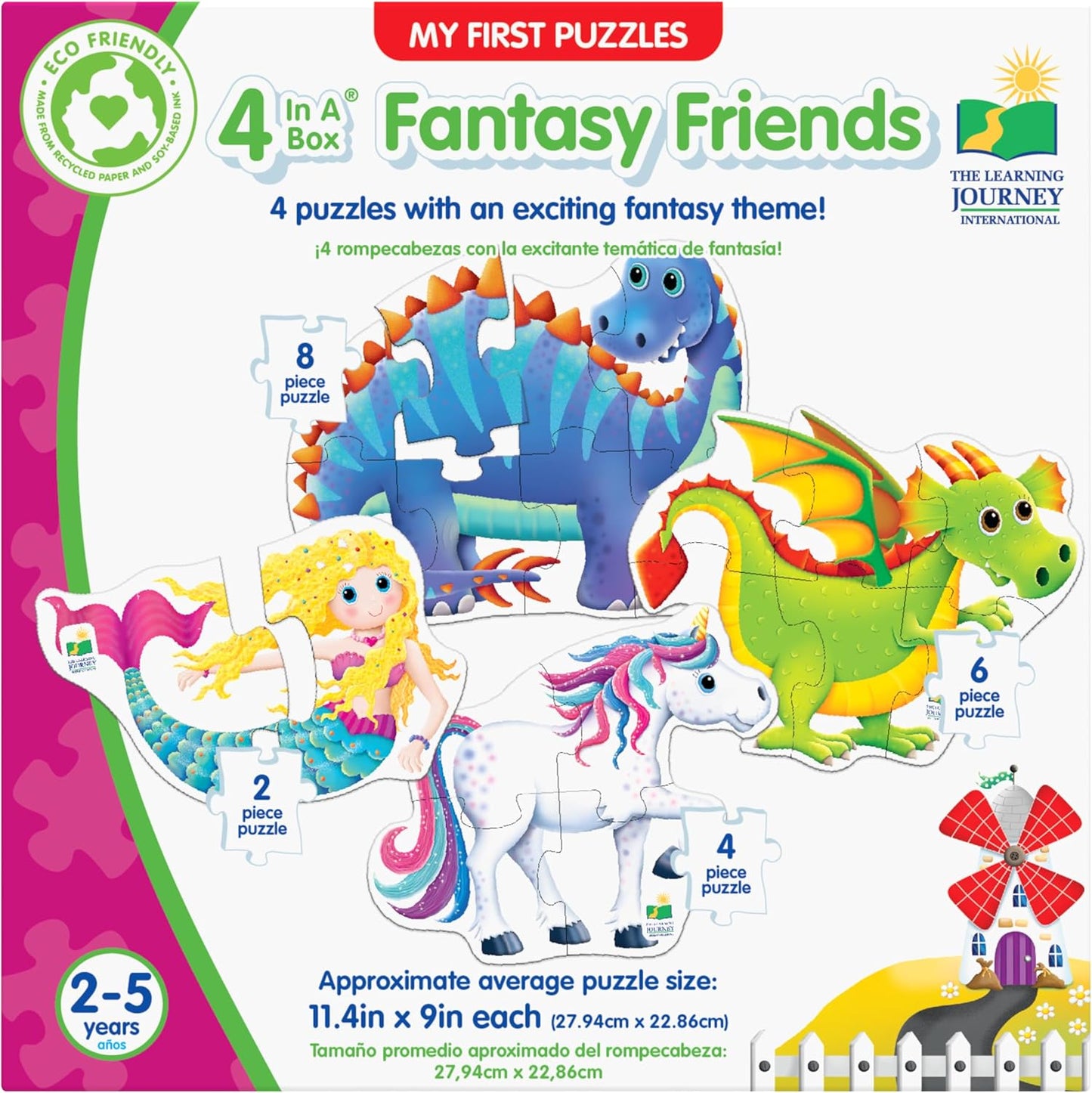 Box art for "Fantasy Friends" puzzle set, showing four shaped puzzles: dragon, unicorn, mermaid, and dinosaur