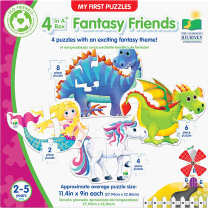 Box art for "Fantasy Friends" puzzle set, showing four shaped puzzles: dragon, unicorn, mermaid, and dinosaur