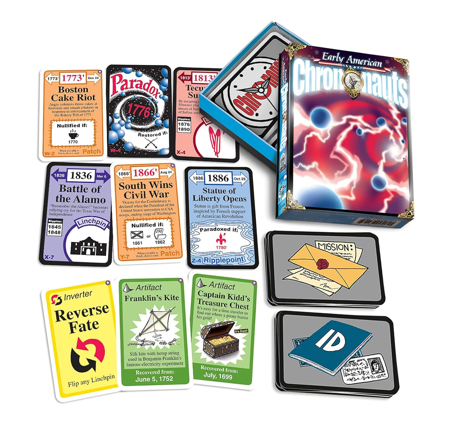 Early American Chrononauts board game with box, splayed event, artifact, and action cards, plus mission tokens.