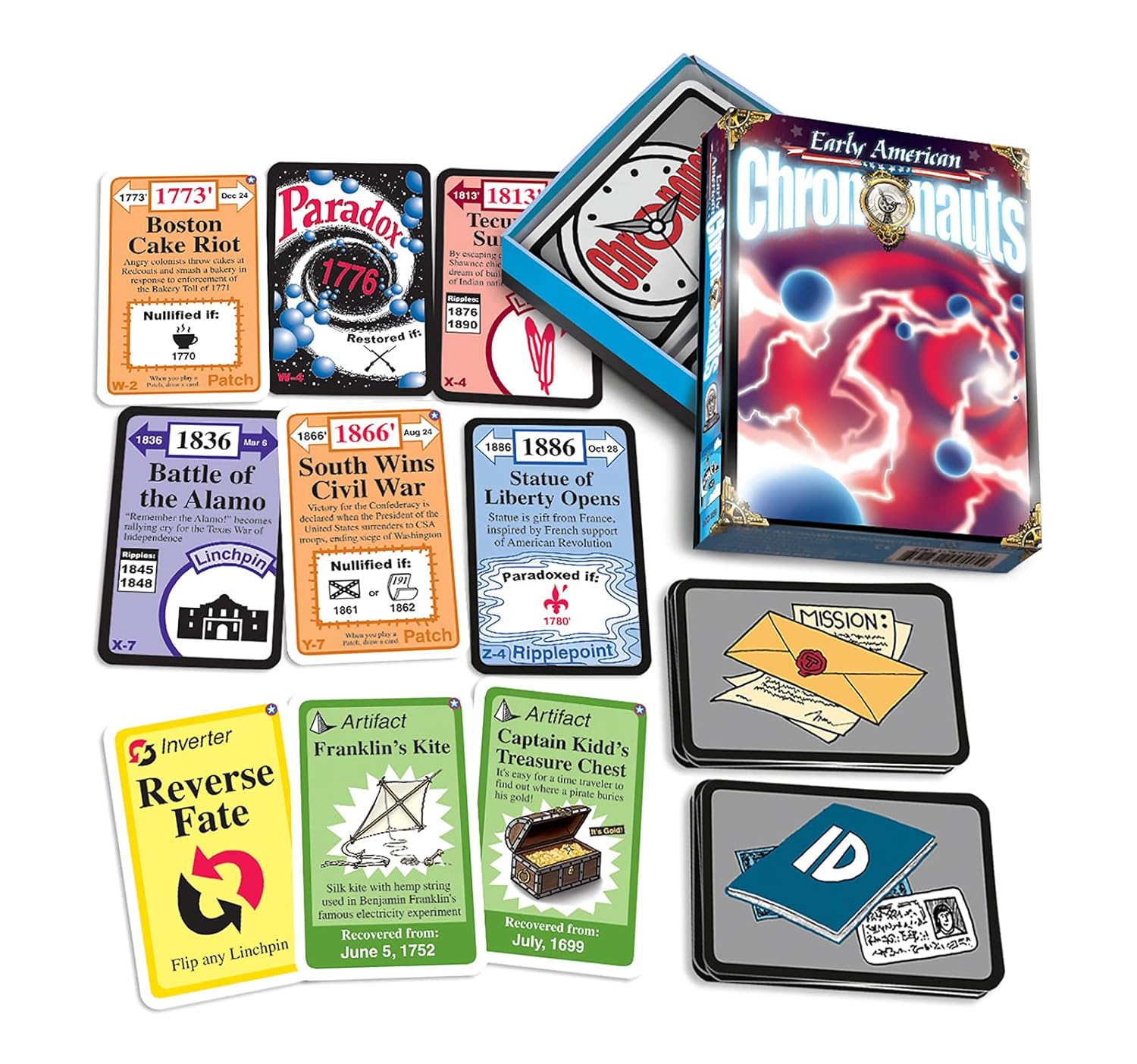 Early American Chrononauts board game with box, splayed event, artifact, and action cards, plus mission tokens.