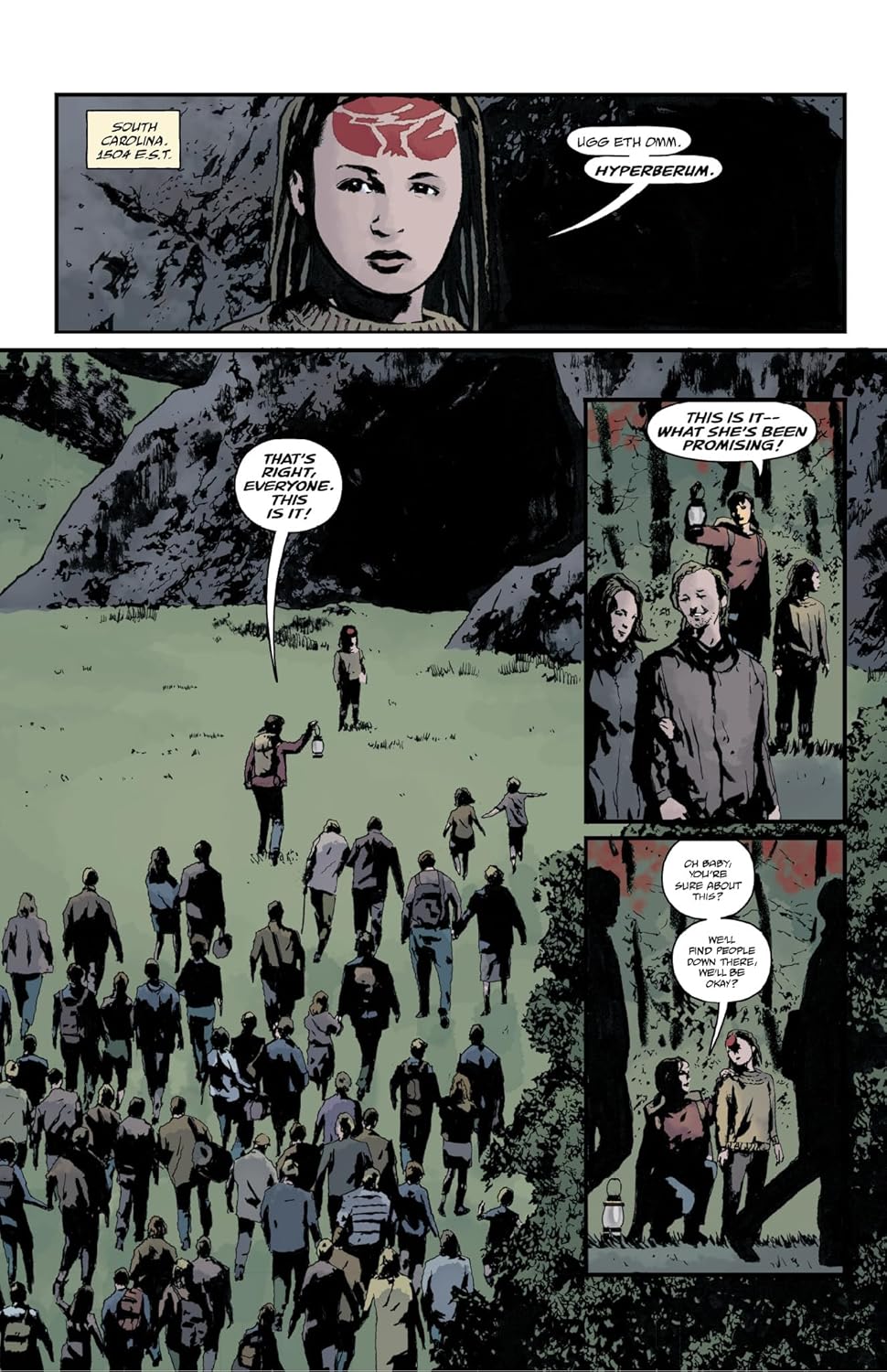 A young girl with a red forehead symbol leads a large group of people through a dark -  grassy landscape