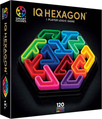 IQ Deluxe Hexagon logic game box displaying colorful, interlocking pieces in a black hexagonal tray
