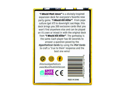 Back of "I Would Meet Jesus" expansion game box with game description, social media links, and a barcode