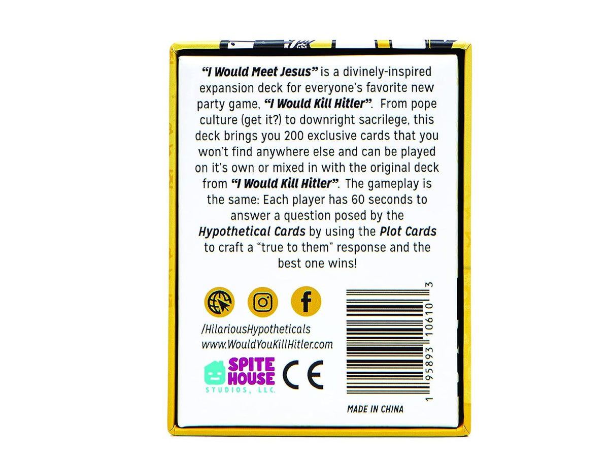 Back of &quot;I Would Meet Jesus&quot; expansion game box with game description, social media links, and a barcode