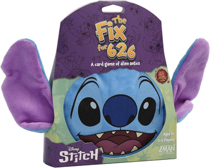 A blue, plush package for the Disney Stitch card game, "The Fix for 626," with purple floppy ears