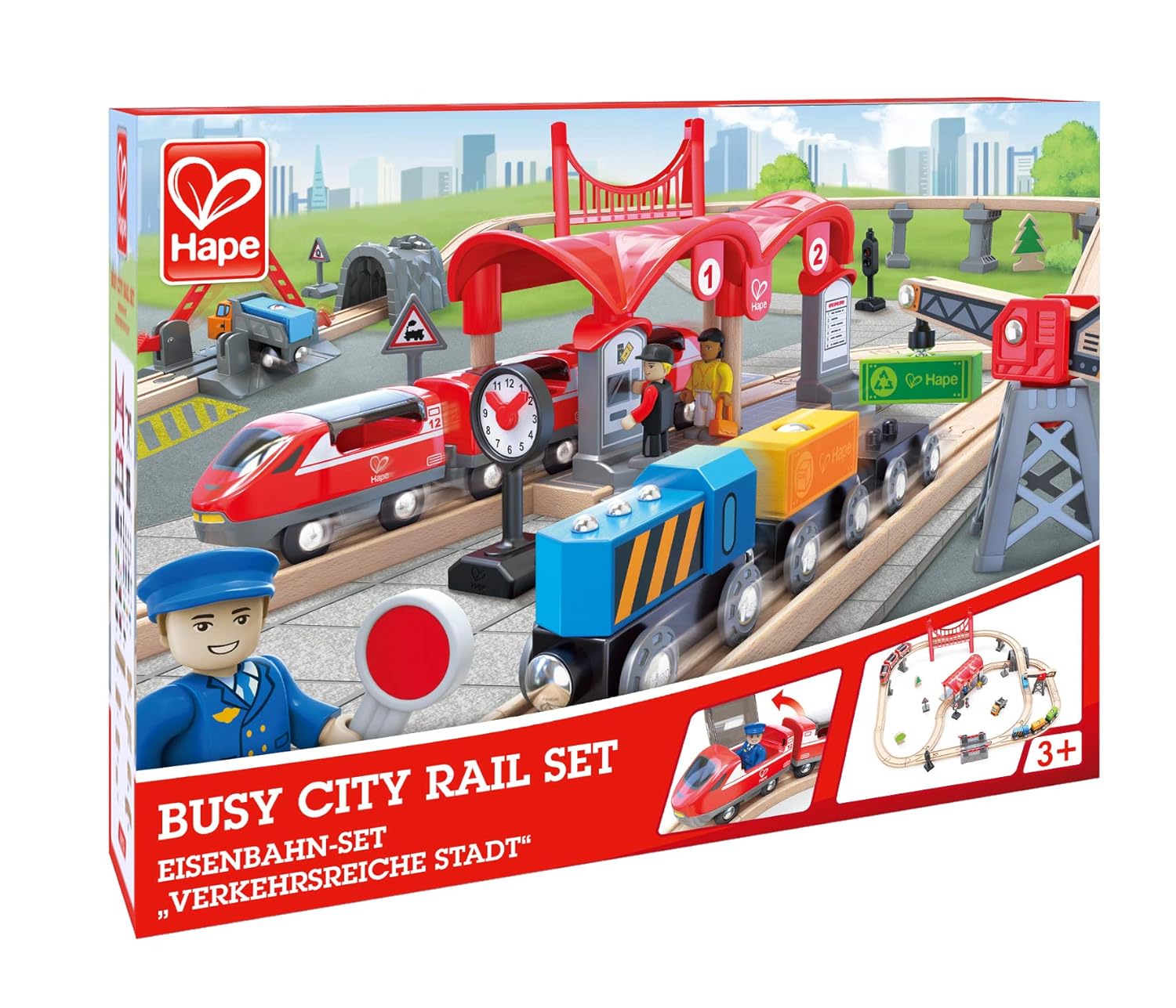 Hape "Busy City Rail Set" box showing a detailed wooden train, station, and figures on tracks