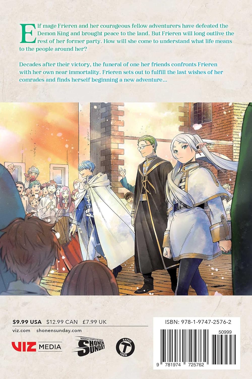 White-haired elf Frieren, a green-haired man, and a blue-haired man walk past a cheering town crowd