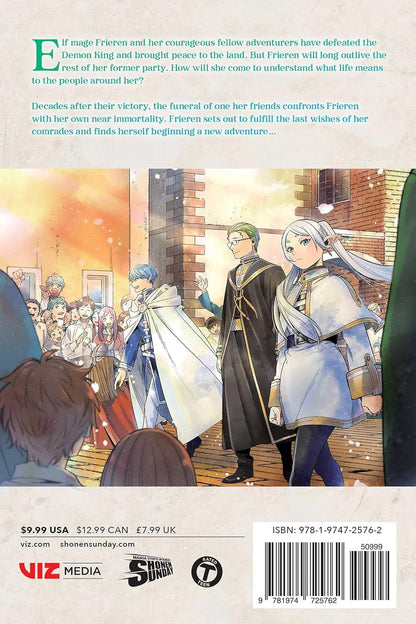 White-haired elf Frieren, a green-haired man, and a blue-haired man walk past a cheering town crowd