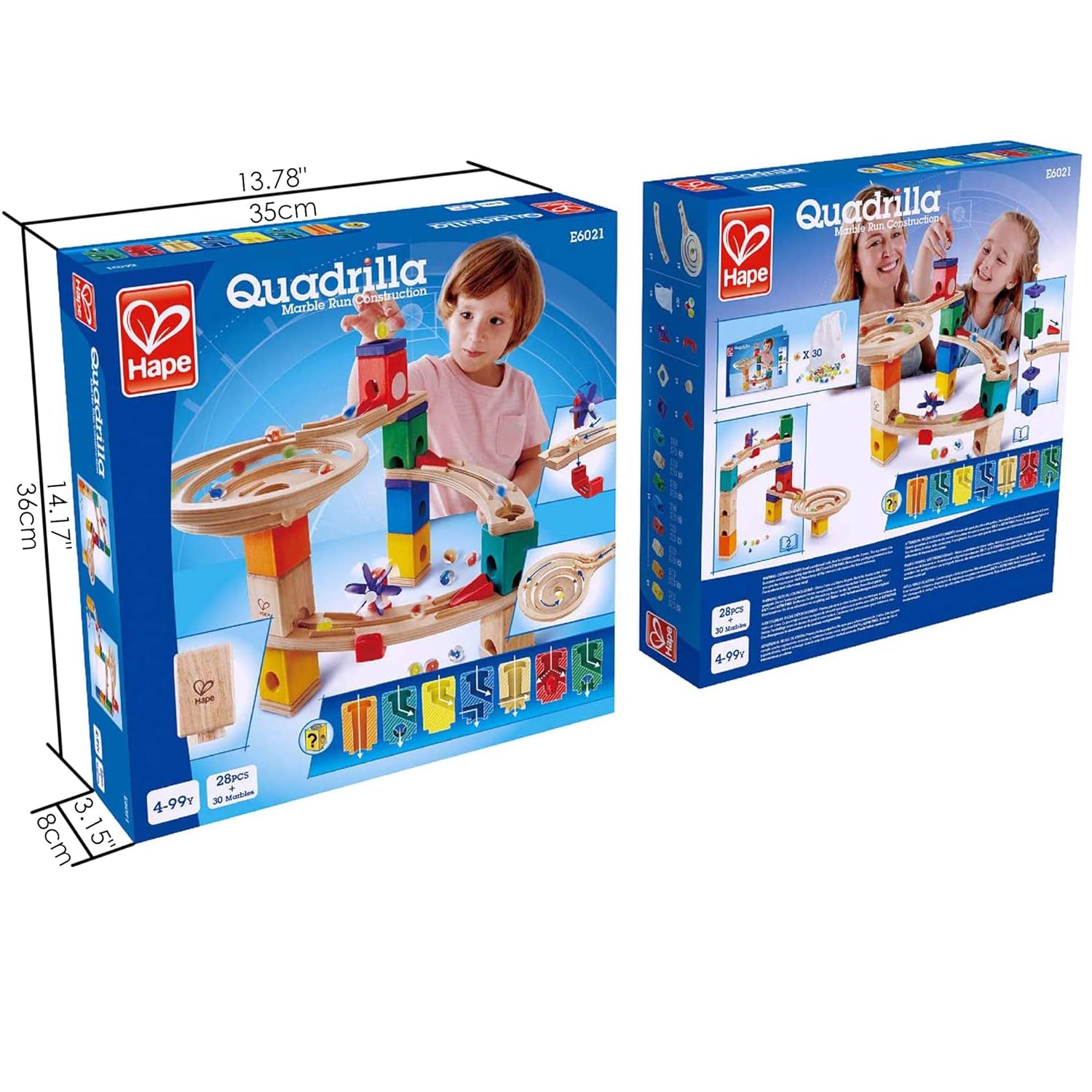 Hape Quadrilla Marble Run construction toy boxes featuring a boy playing