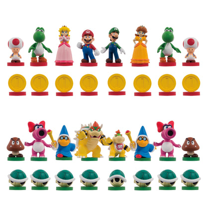 Colorful Super Mario character figures, gold coins, and Koopa shells displayed in rows on a white background
