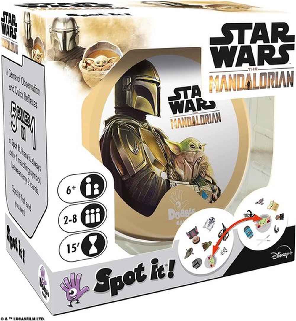 Star Wars The Mandalorian Spot It! board game box with the Mandalorian holding Grogu