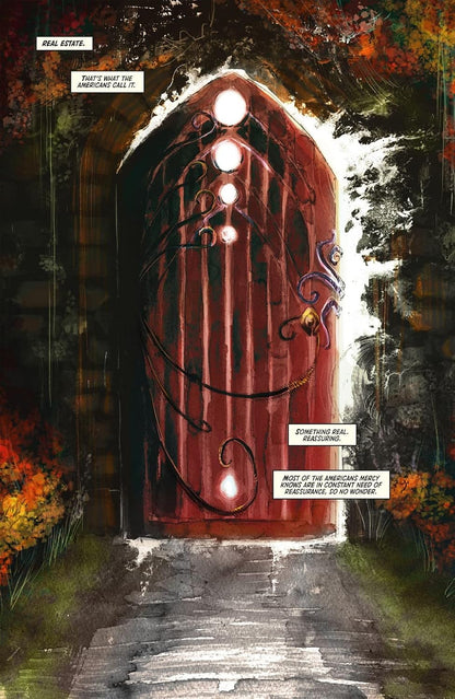 A dark red arched door adorned with glowing white circular lights and twisted tendrils -  set amidst shadowy autumn foliage