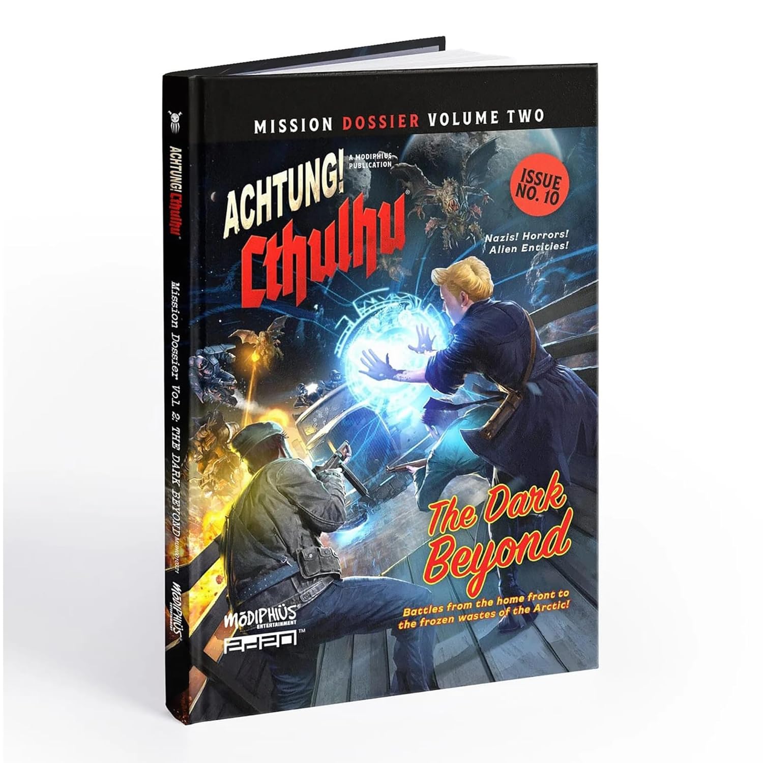 Book cover: "Achtung! Cthulhu" heroes battle cosmic horrors. One casts a glowing blue spell, another aims a rifle.