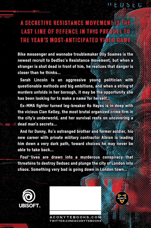 A red and blue halftone graphic of a hooded figure over text describing a prequel novel to a video game focusing on a resistance movement in London
