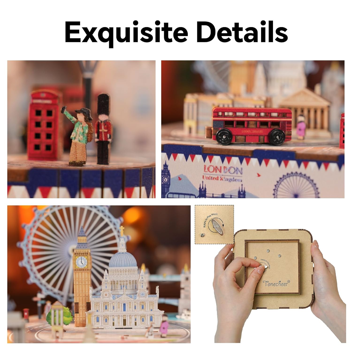 Miniature London scene wooden music box kit details, including Big Ben, bus, and winding mechanism