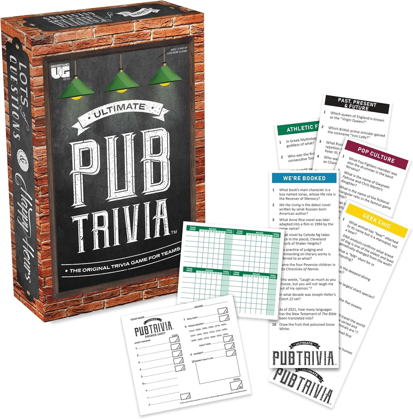 Ultimate Pub Trivia game box featuring a chalkboard design, displayed with question cards and scoring components