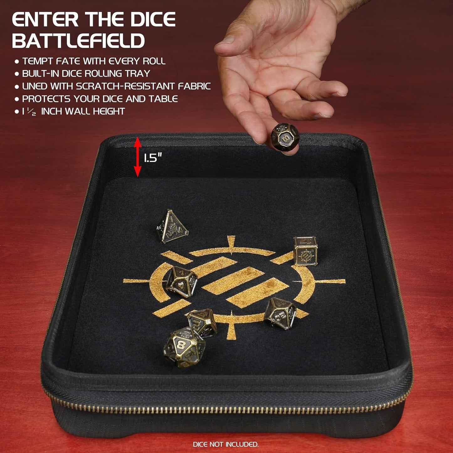 A hand drops a metal die into a black, zippered dice rolling tray with a gold symbol and several other dice