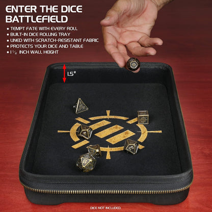 A hand drops a metal die into a black, zippered dice rolling tray with a gold symbol and several other dice