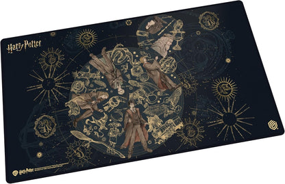 Harry Potter desk mat (dark blue) with golden illustrations of main characters and magical symbols in a celestial map design