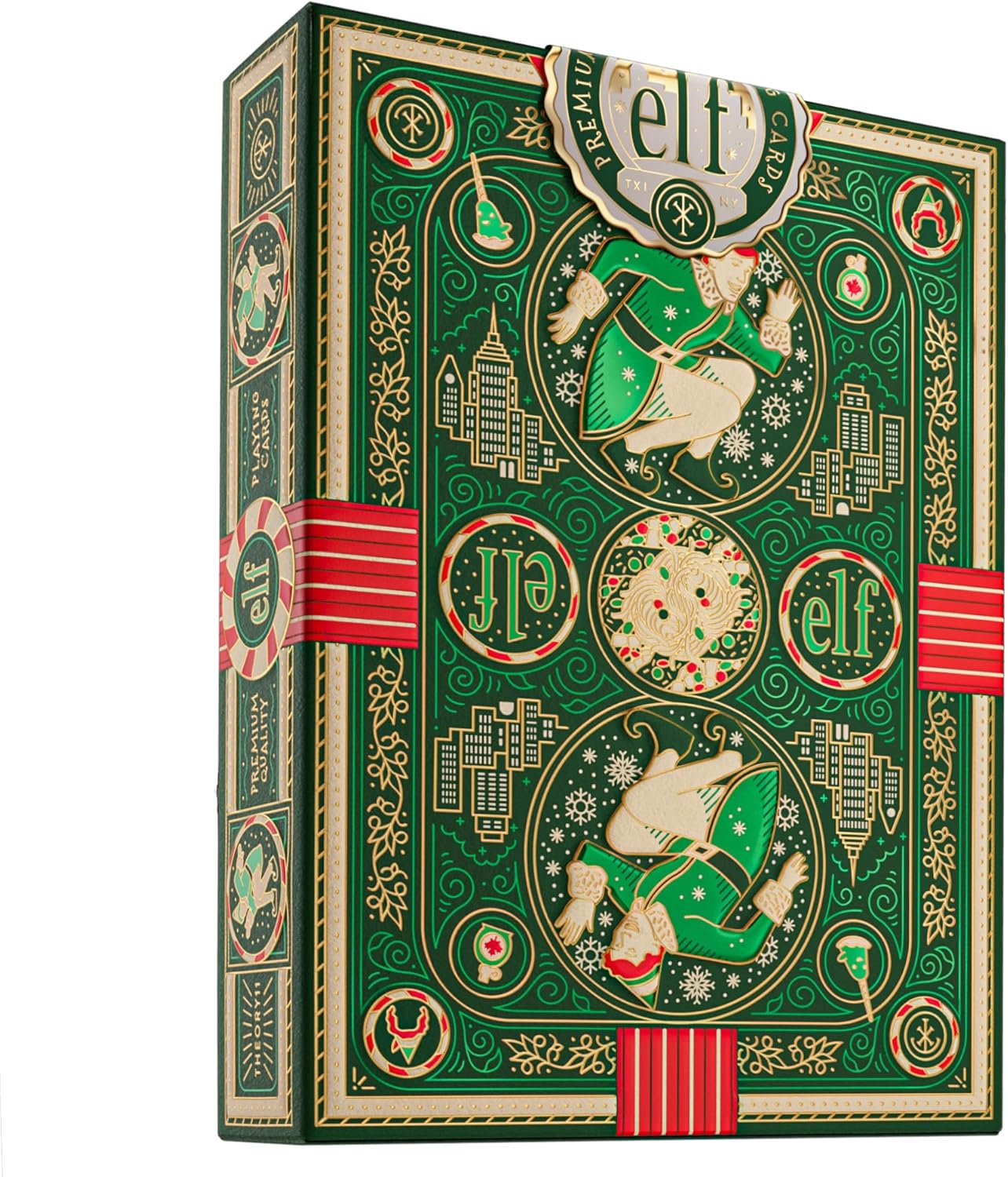Green, gold and red ornate tuck box for "Elf" playing cards, featuring Buddy the Elf illustrations