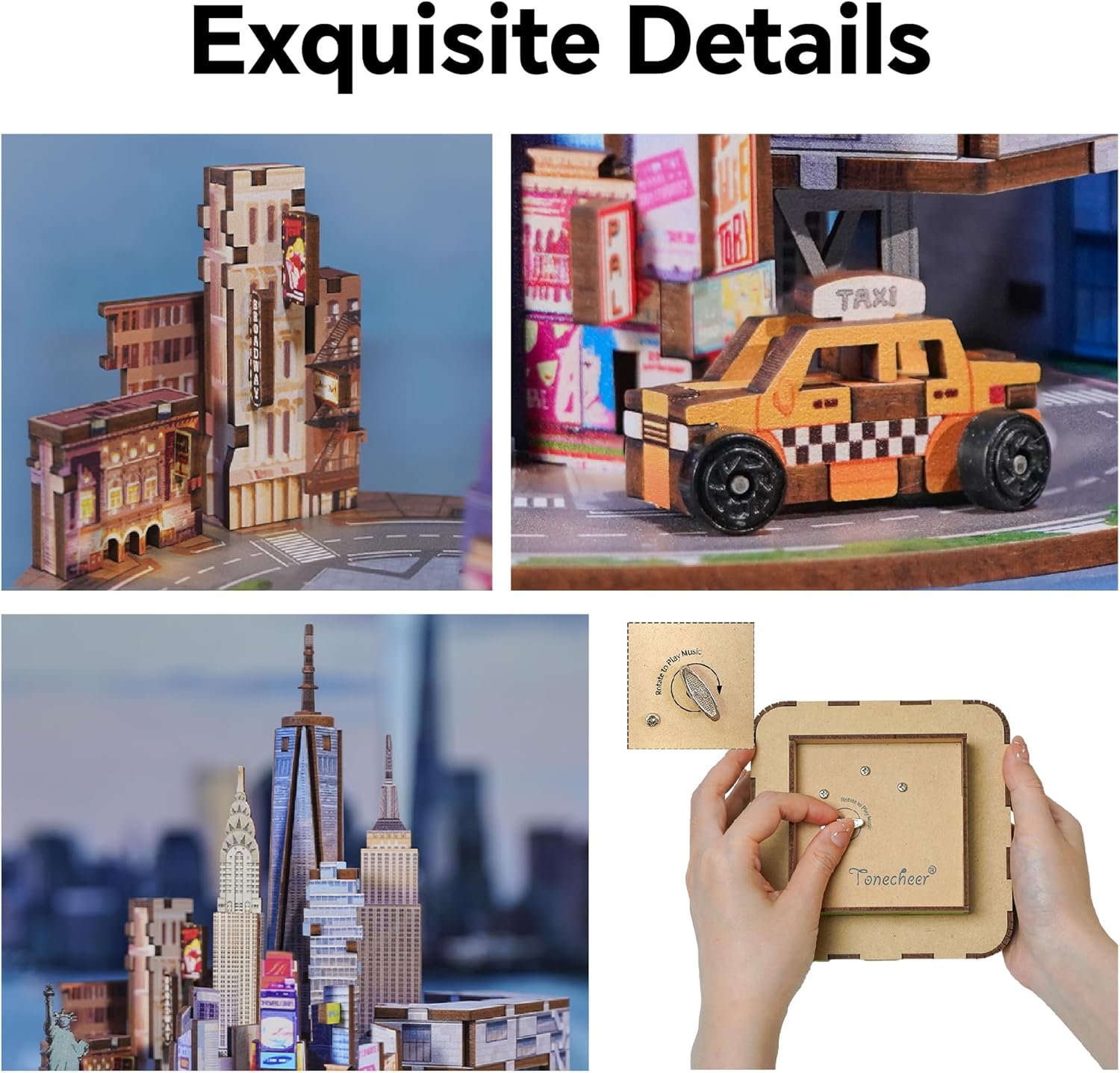 Detailed wooden 3D puzzle music box showing miniature New York City buildings, a taxi, and the base winding mechanism