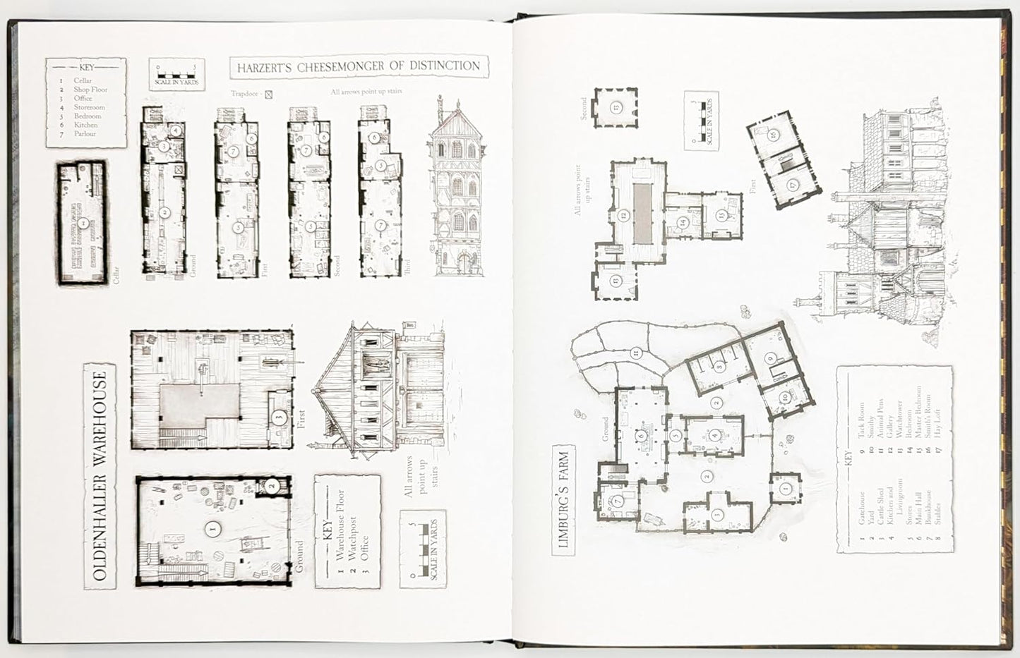 Detailed floor plans and exterior sketches of medieval-style buildings are displayed across a guide book spread: a cheesemonger, warehouse, and farm