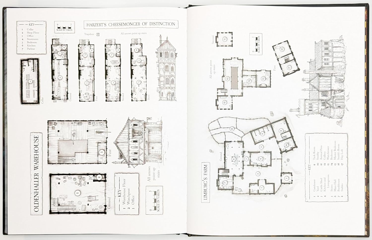 Detailed floor plans and exterior sketches of medieval-style buildings are displayed across a guide book spread: a cheesemonger, warehouse, and farm
