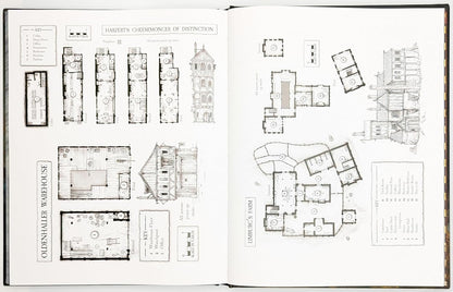 Detailed floor plans and exterior sketches of medieval-style buildings are displayed across a guide book spread: a cheesemonger, warehouse, and farm