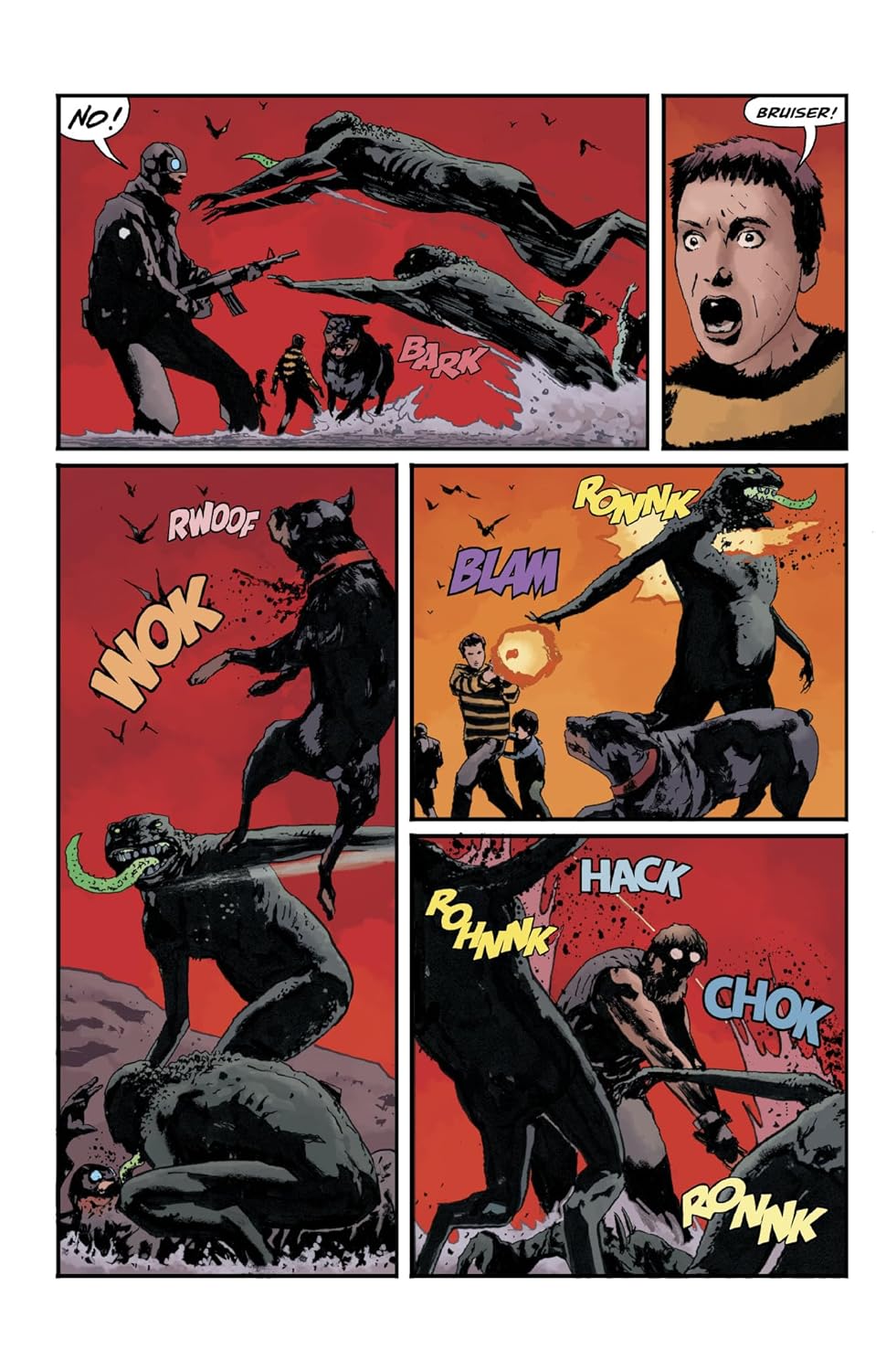 A chaotic comic battle with soldiers -  civilians -  and dogs fighting dark -  green-tongued monsters