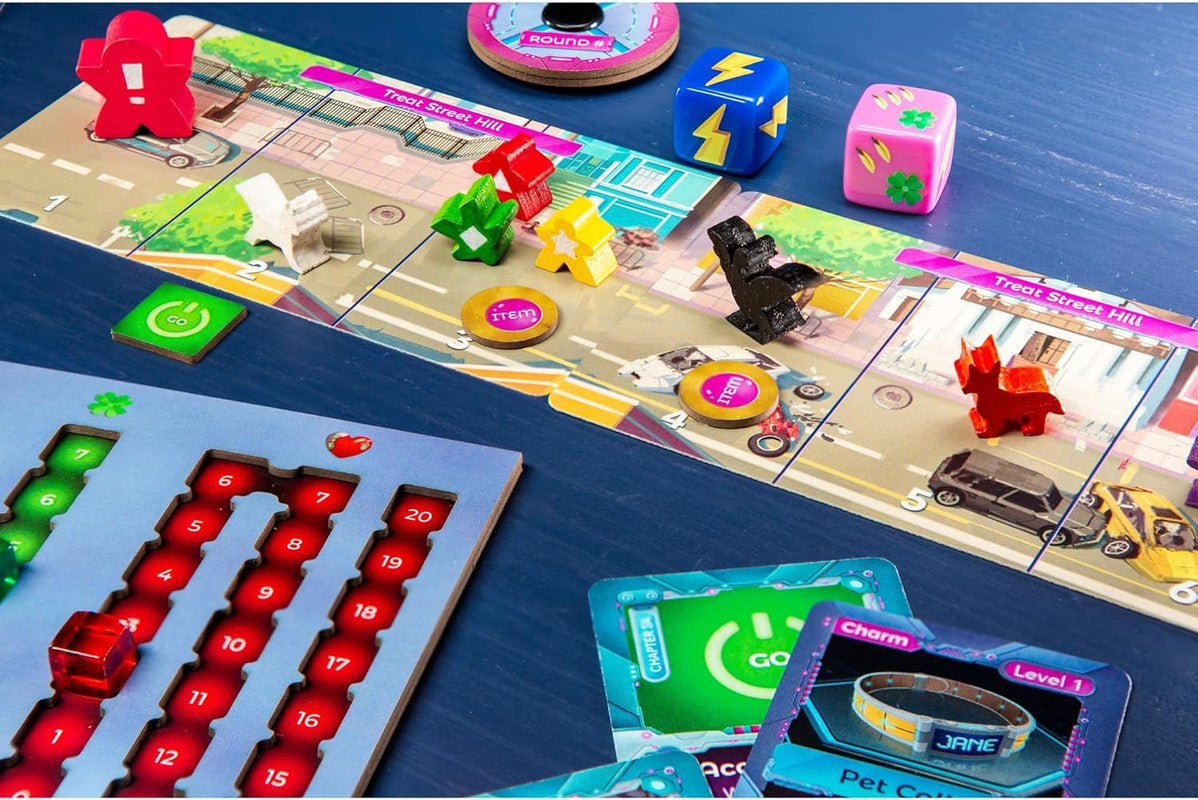 A vibrant board game setup: colourful pawns on a street-themed board, dice, score track with a red marker, and item cards