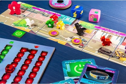 A vibrant board game setup: colourful pawns on a street-themed board, dice, score track with a red marker, and item cards