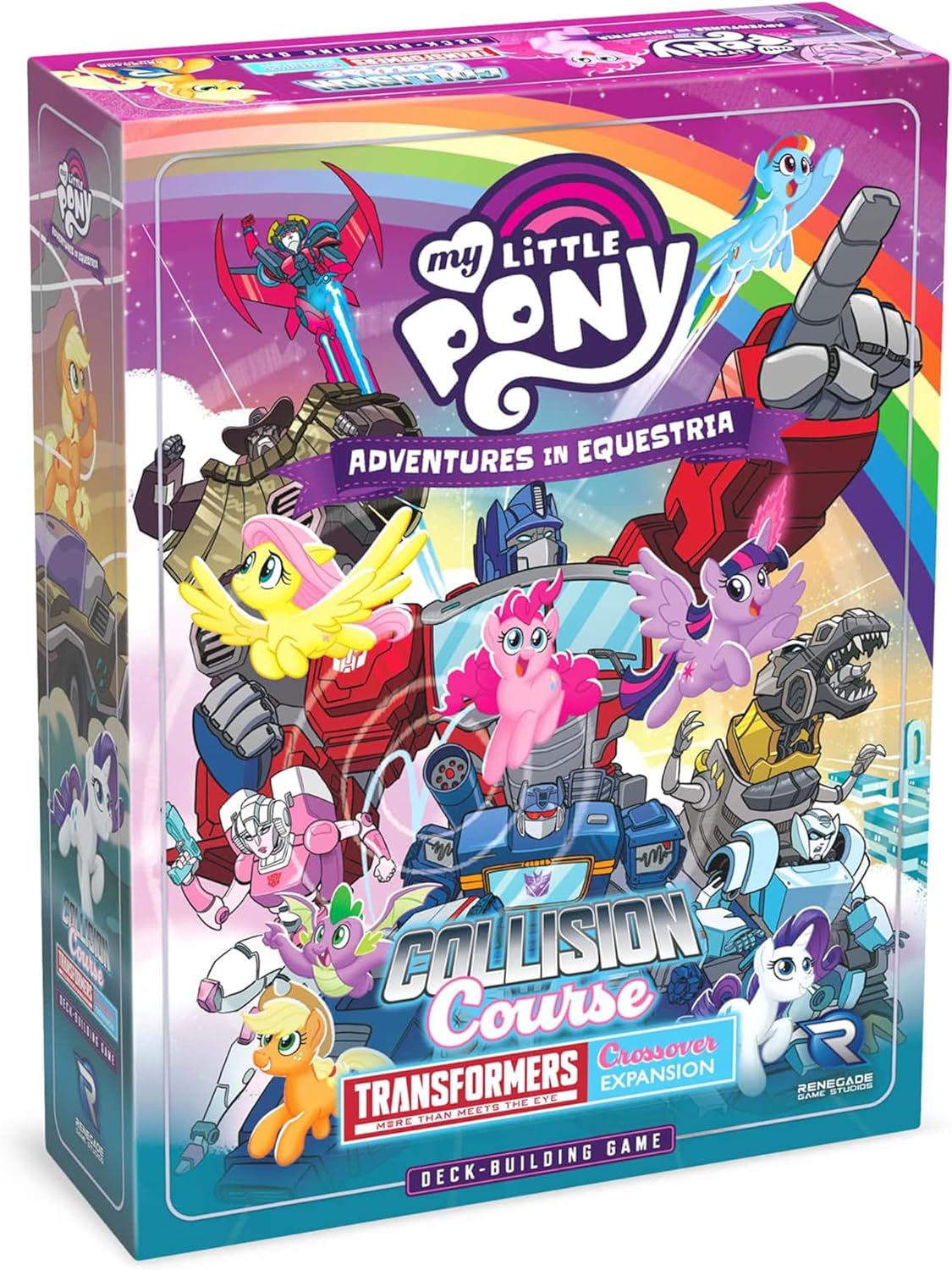 Box art for My Little Pony and Transformers: Collision Course crossover expansion, showing ponies interacting with large robots