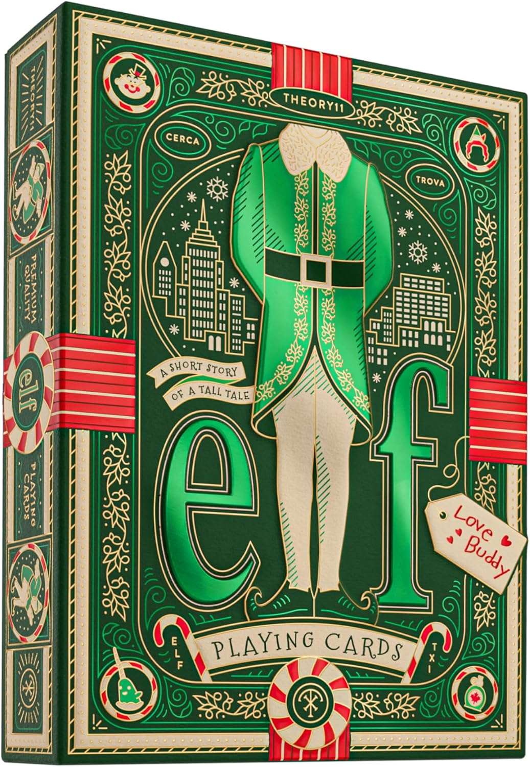 Ornate green and gold Elf movie playing card tuck box featuring Buddy's iconic coat and New York cityscapes