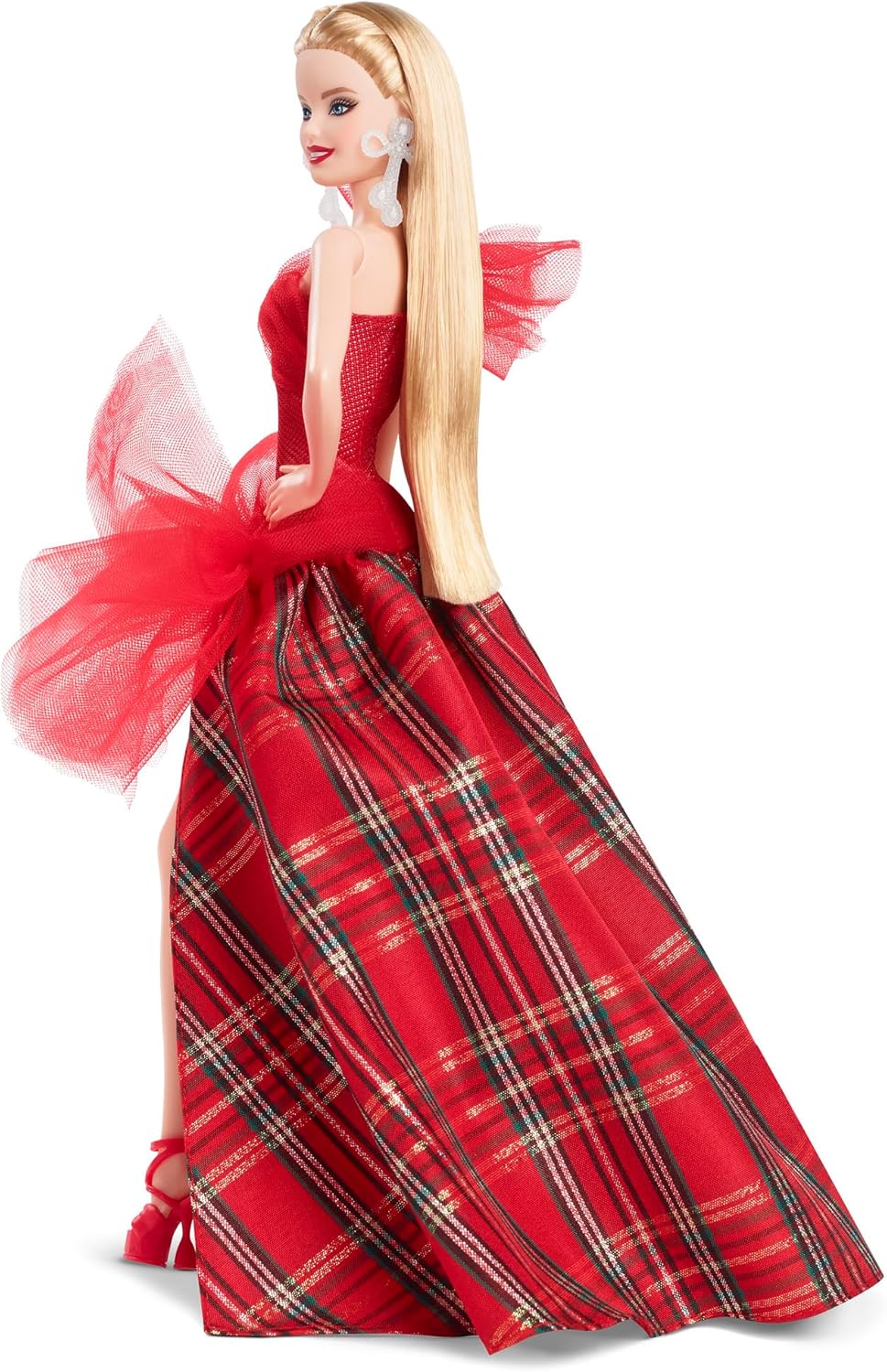 Blonde Barbie doll in a red plaid gown with a tulle bow -  slit -  and long train -  looking over her shoulder