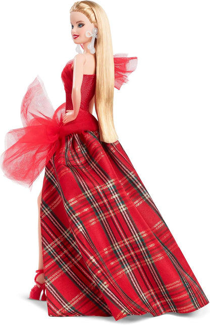 Blonde Barbie doll in a red plaid gown with a tulle bow -  slit -  and long train -  looking over her shoulder