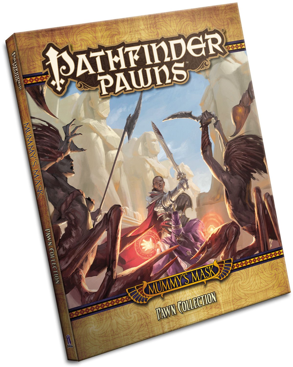 Pathfinder Pawns: Mummy's Mask box. An armored warrior and a spellcaster battle two monstrous, spider-like creatures in ancient ruins