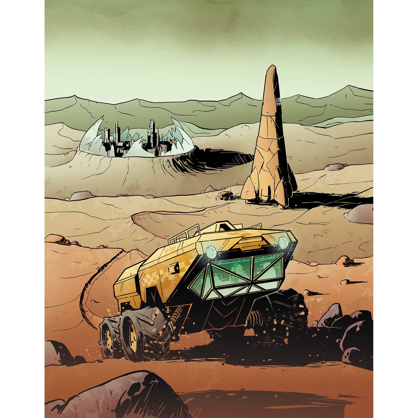 A yellow futuristic rover drives on a desert alien planet past a domed city and a rocket