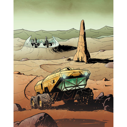A yellow futuristic rover drives on a desert alien planet past a domed city and a rocket