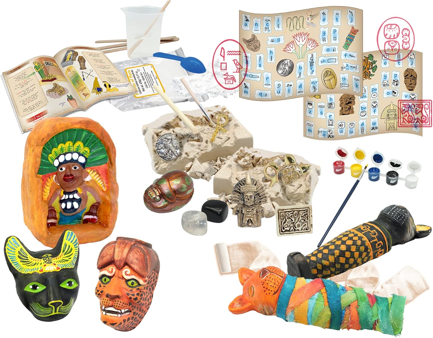 Educational craft and dig kit featuring Egyptian and Mayan artifacts, paint, mummies, and charts