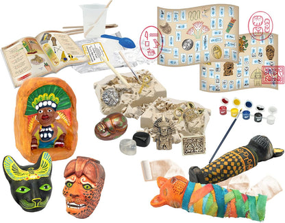 Educational craft and dig kit featuring Egyptian and Mayan artifacts, paint, mummies, and charts