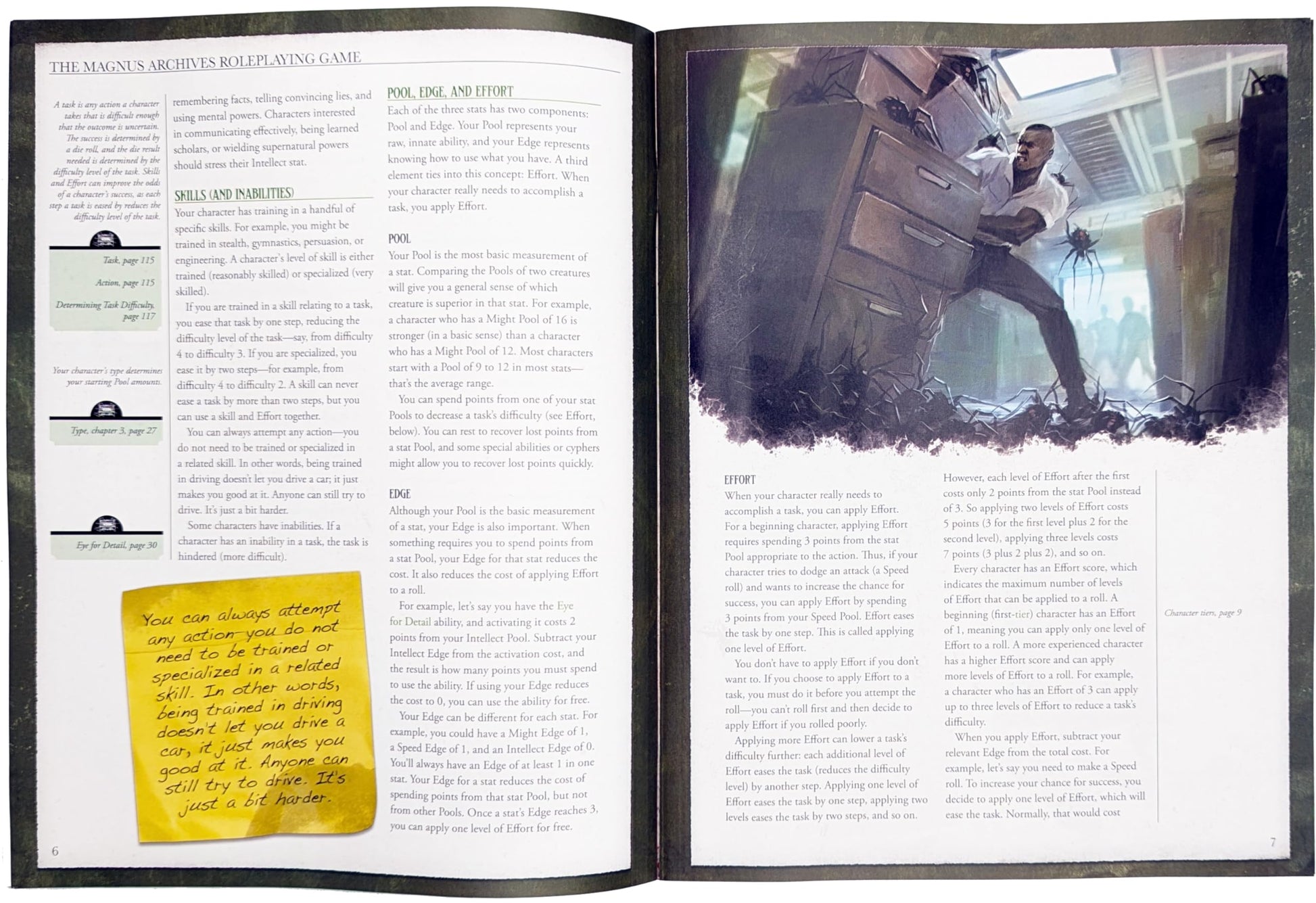 Man pushes a large cabinet, pursued by spiders and shadowy figures, in an RPG illustration