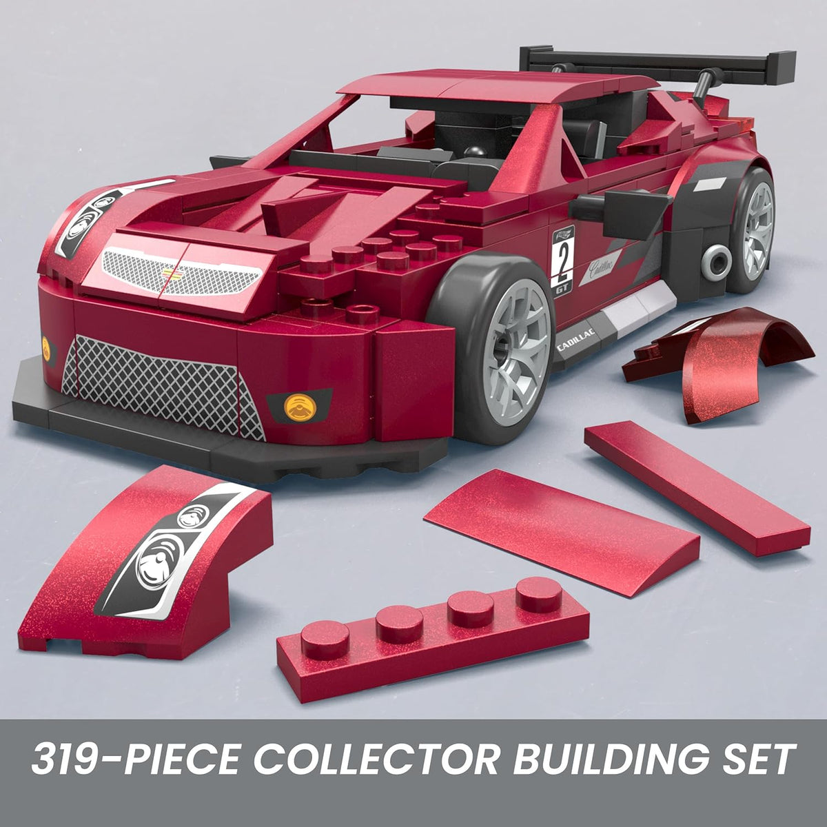 A red building block Cadillac #2 race car model with loose parts from the set.