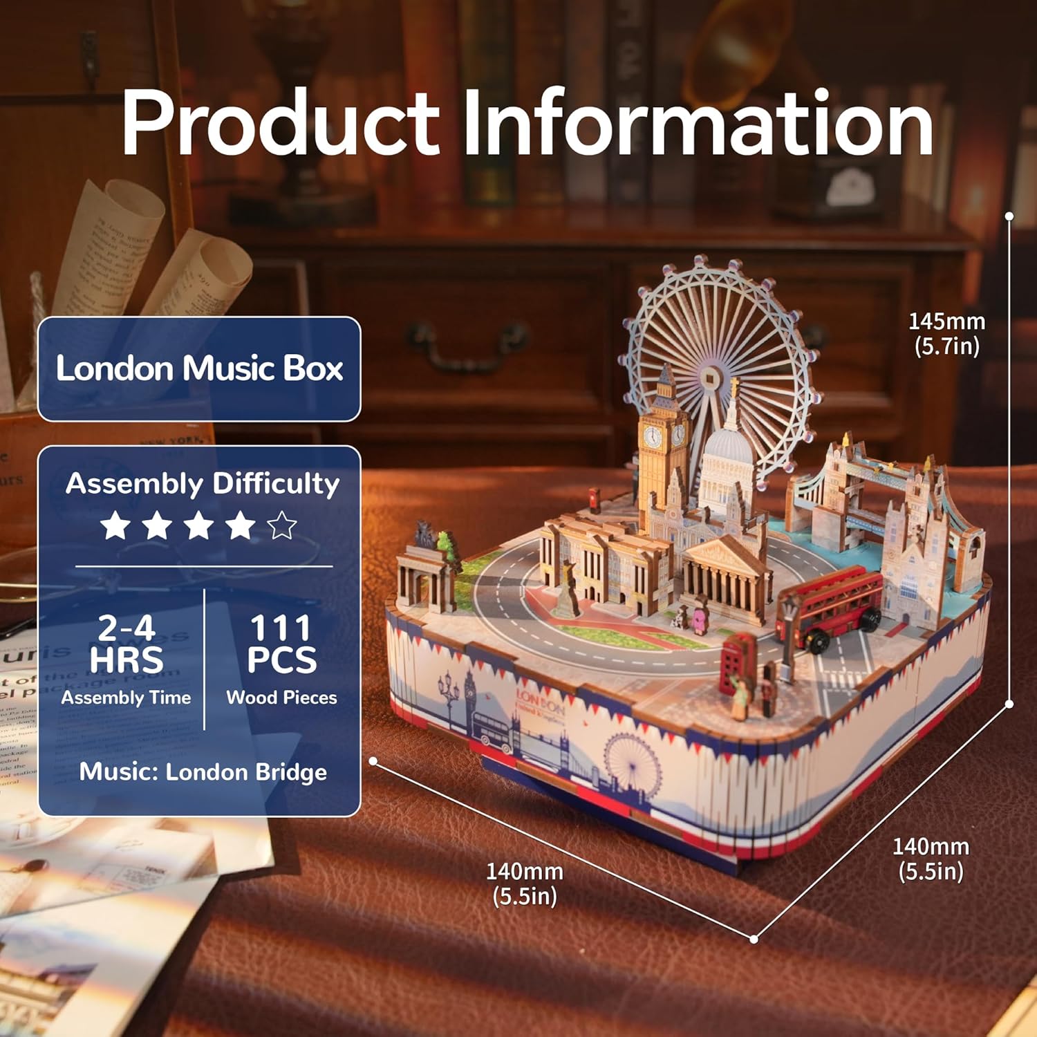 Wooden London landmark music box puzzle kit featuring Big Ben and Tower Bridge, with overlaid product information